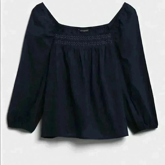 Banana Republic Striped Embroidered Smocked-Neck Blouse - Picture 9 of 9